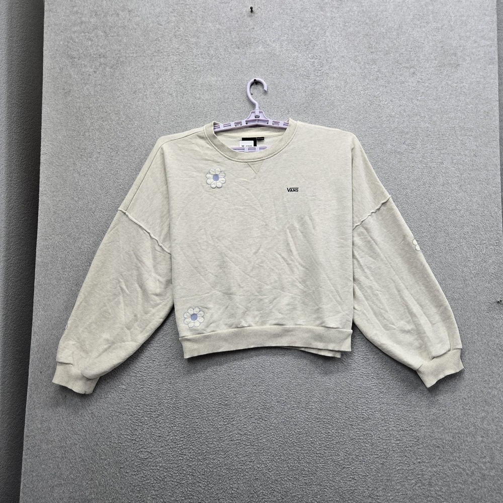 Vans Women Sweatshirt XL Beige Embroidered‎ Floral Flowers Logo Long Sleeve